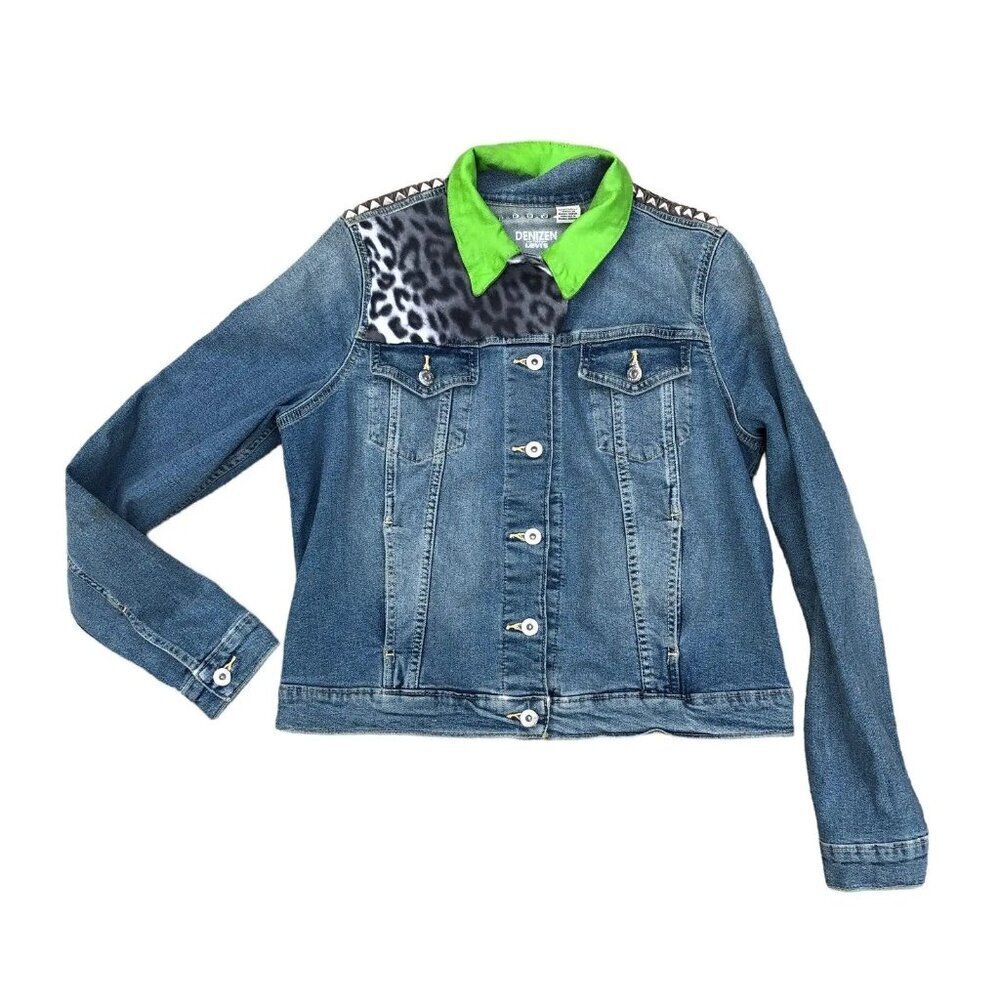 DENIZEN LEVI'S Spiked Denim Jacket Women's XL Blue Jean Coat Cheetah
